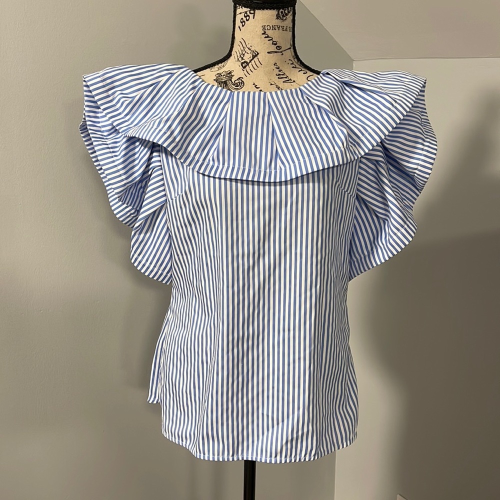 Gracia blue stripe ruffle shoulder top